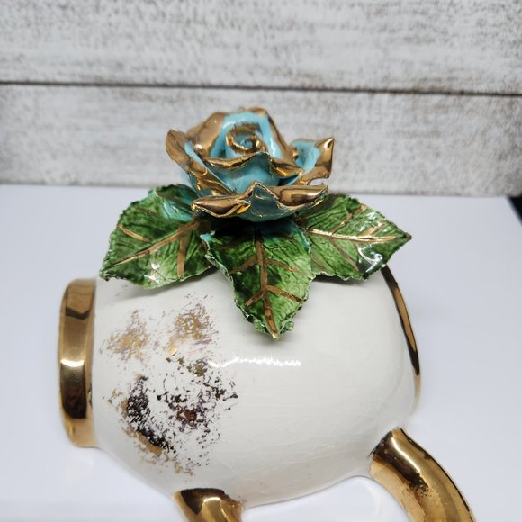 Hand Painted Mid Century Ceramic Teapot Wall Pocket, Blue Flower, Gold Accents - Picture 7 of 9